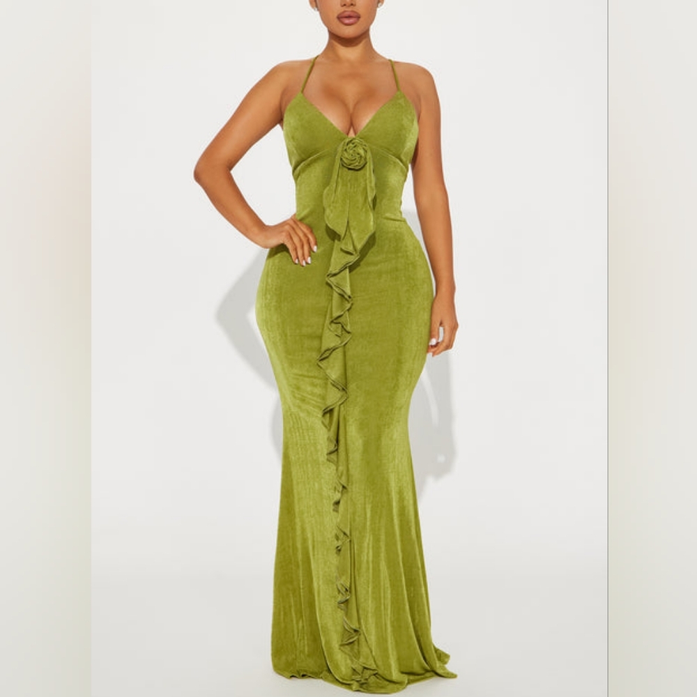 Fashion Nova "Mariella Rose" Chartreuse  Ruffled Tie Front Maxi Dress (Small)